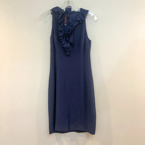Tom and Linda Platt Ruffled Cocktail Formal Navy Mini Sheath Dress Women's 4 - Picture 1 of 4